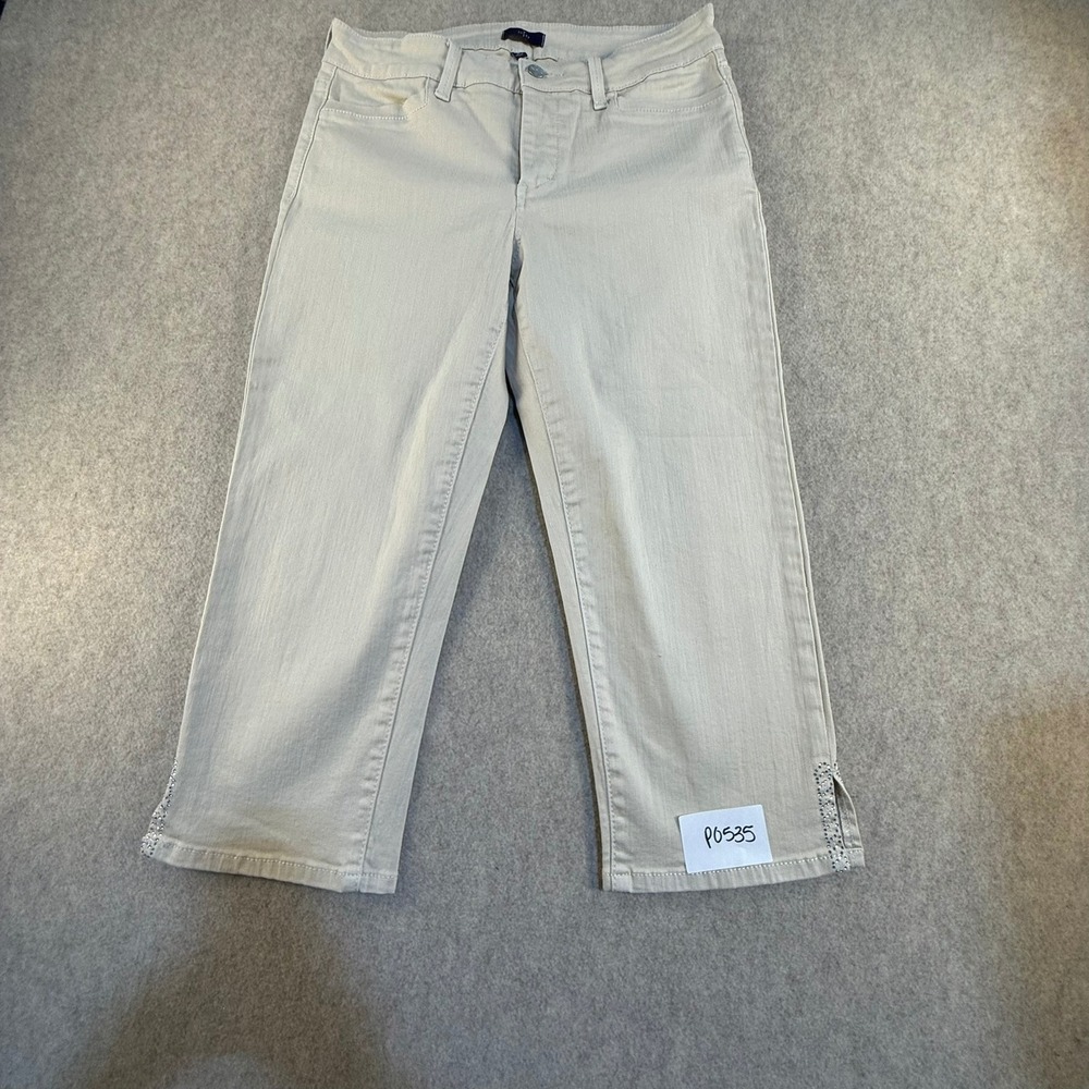 NYDJ Womens Tan Khaki Rhinestone Hem Cropped Capri Pants Size 6 Stretch Slit Hem